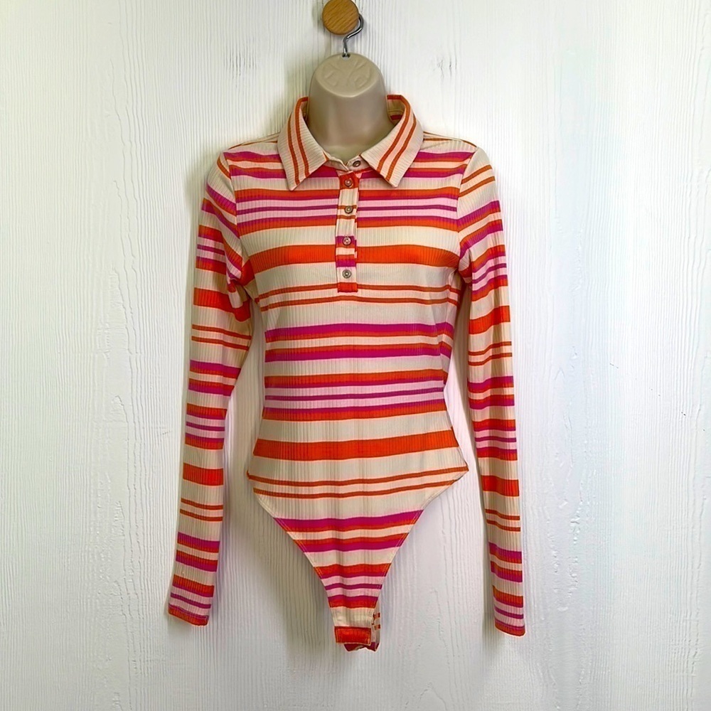 H&M - Pink & Orange Ribbed Long Sleeve Polo Thong Long Sleeve Bodysuit Size SM